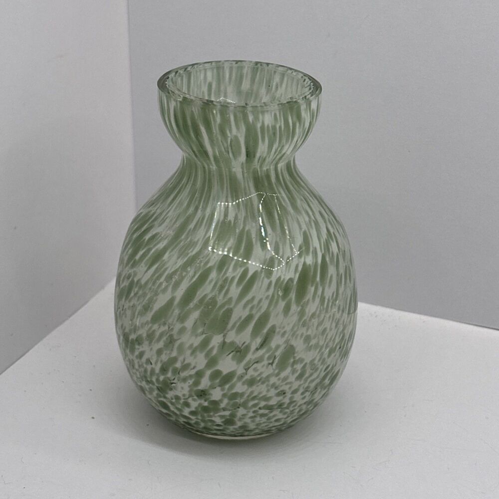Vintage Spatter Art Glass Bud Vase Pale Green White Mottled Mini 4" Hand Blown